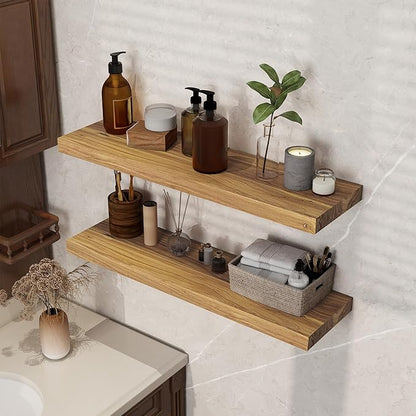Rustic Floating Shelves for Home Decor, 32 Inch Long Wall Shelves Set of 2, Solid Elm Wood Floating Shelf for Wall, 8 Inch Deep Bookshelf for Storage & Display, 32 x 8 Bathroom Shelf, Natural Color