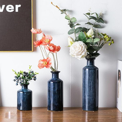 Blue Ceramic Vase Set of 3, Modern Farmhouse Small Vases, Rustic Terracotta Bottles for Living Room Fireplace, Centerpiece Table Decor