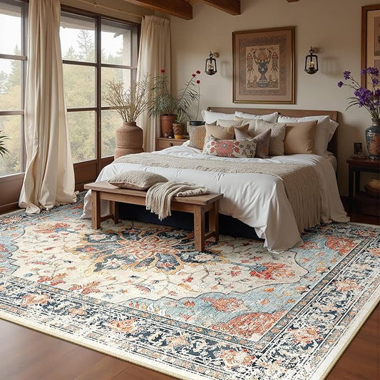 RELEANY Area Rugs Large 10'x12' Washable Non-Slip, Floral Vintage Distress Medallion Carpet for Living Room Bedroom Dining Room, Beige Navy Blue Orange Colorful