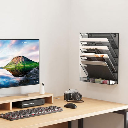 EasyPAG 5 Tier Wall File Holder, Mesh Hanging Folder Organizer with Classify Label, Versatile Desk File Holder, Vertical Wall Mounted Mail Organizer for Office Home Cubicle, Black
