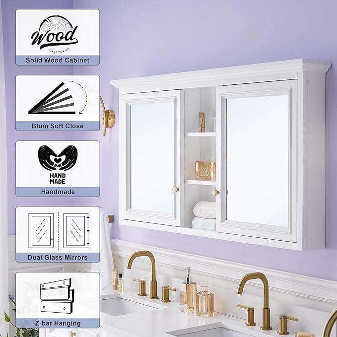 WELLFOR 55 x 30-in Bathroom Cabinet with Double-Side Mirrors, Wall Mounted Wood Mirror Storage Cabinet with 2 Soft-Close Door/ 6 Solid Wood Shelves, Anti-Fog Glass, Z-bar Hangs Vertically, White