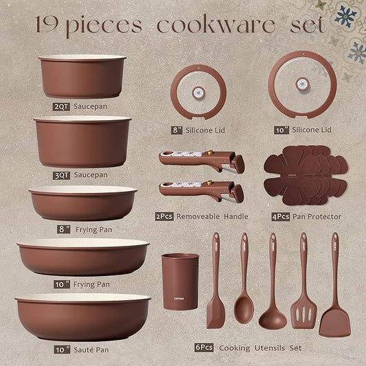 CAROTE 19Pcs Ceramic Cookware Set, Pots and Pans Set Non stick, Non Toxic Cookware Detachable Handle, Kitchen Cooking Set - Induction Cookware, Dishwasher/Oven Safe, PFAS Free, Chocolate