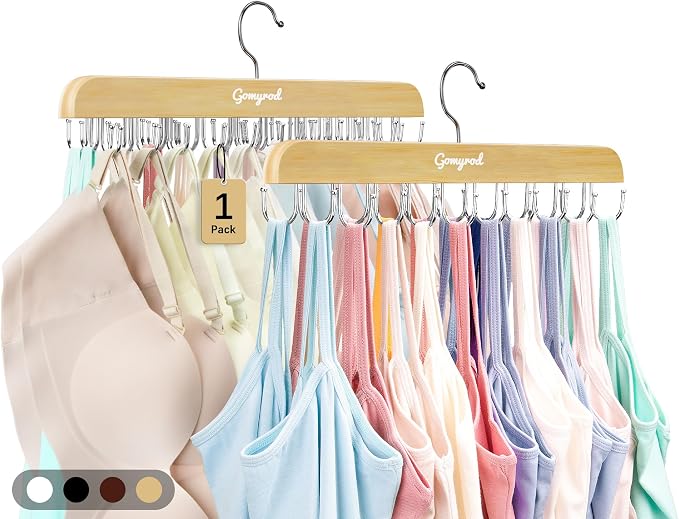 Gomyrod Bra Hanger for Closet, Tank Top Hanger w/20 Hooks Capacity Foldable Wood Space Saving Hangers, 360°Rotating Closet Organizers and Storage for Dorm & Apartment for Bra Scarf Ties(1 Pack)