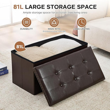 oakvivo 30 Inches Folding Storage Ottoman Bench, Ottoman PU Leather Tuffed End of Bed Bench, Foot Rest with Rivet Design, Ottoman with Storage for Living Room, Bedroom, Entryway, Coffee Brown