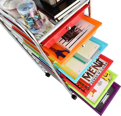OFFICEJOY Storage Cart, Rolling Utility Cart with 10 Drawers, Portable Handles & Lockable Wheels, Mobile Paper Toys Storage Organizer Large Capacity for Home Office School Teacher (Multi-Color)