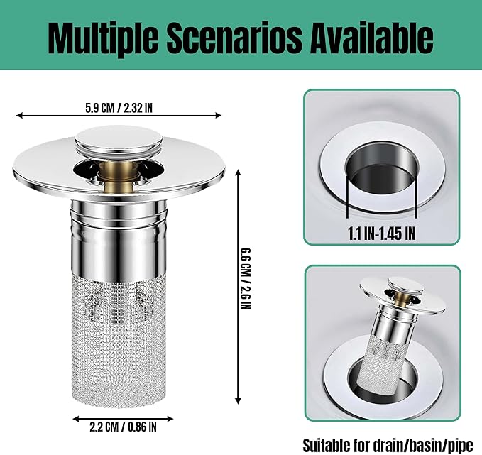 Bathroom Sink Drain Stopper for US Universal Replacement, Pop Up Drain for Bathroom Sink with Stainless Steel Filter Basket Hair Catcher, Sink Drain Strainer for 1.1-1.45 Inch