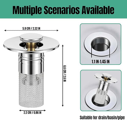 Bathroom Sink Drain Stopper for US Universal Replacement, Pop Up Drain for Bathroom Sink with Stainless Steel Filter Basket Hair Catcher, Sink Drain Strainer for 1.1-1.45 Inch