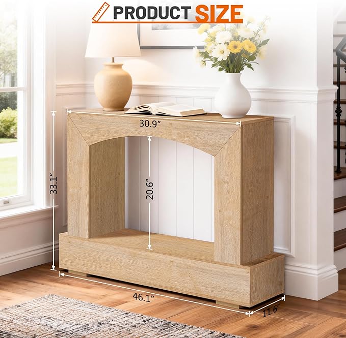 46 Inch Entryway Table U-Shaped, Wooden Console Table with Socket Farmhouse Sofa Table for Entrance, Hallway, Living Room,Behind Couch((Oak Brown)