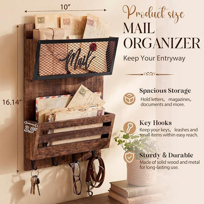 Yalikop Mail Organizer Wall Mount with Key Hooks, 2-Slot Wood Mail and Key Holder, Rustic Farmhouse Wall File for Entryway, Letter and Bill Sorter Organizer for Files, Keys and Magazines