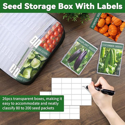 26 Slots Seed Storage Organizer Box, Oxford Cloth Seeds Insulated Bag with Label Stickers, Dual Zipper Seed Packet Container for Vegetable Flower Plants Garden, Holds 80-200 Envelopes