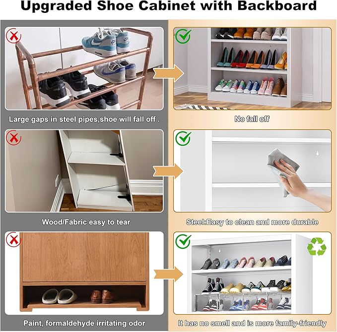 5-Space Heavy Duty Steel Shoe Rack, 4-Tier Adjustable Shoe Shelf with Back Panel, 66" Tall Open Shoe Organizer for Entryway, Closet, Apartment - Sturdy Metal Shoe Storage (White, 5 Tier-66"H*33W)