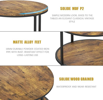 NSdirect Round Coffee Table, 25.6" Small Coffee Table for Living Room,2-Tier Rustic Wood Desktop with Storage Shelf Modern Design Home Furniture(Brown)