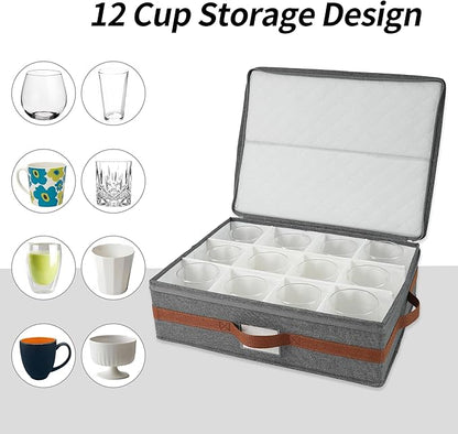 Mug storage box with divider, tea cup and coffee mug storage container with zipper cover and reinforced handle, hard shell, stackable, foldable (Grey red, Mug Storage Case)