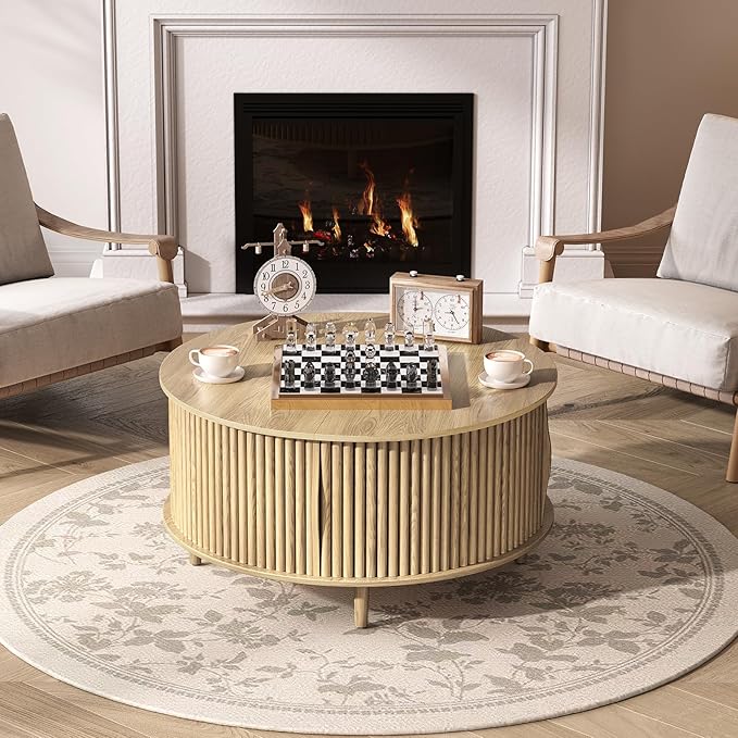 SULIVES Round Coffee Table with Storage,Mid Century Modern Coffee Table with Sliding Door,Fluted Center Table with Solid Wood Legs,Small Coffee Table for Living Room,Oak