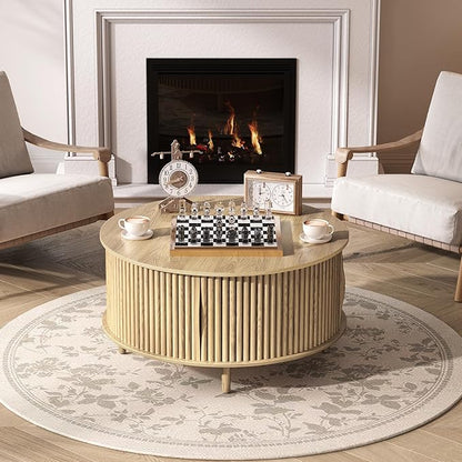 SULIVES Round Coffee Table with Storage,Mid Century Modern Coffee Table with Sliding Door,Fluted Center Table with Solid Wood Legs,Small Coffee Table for Living Room,Oak