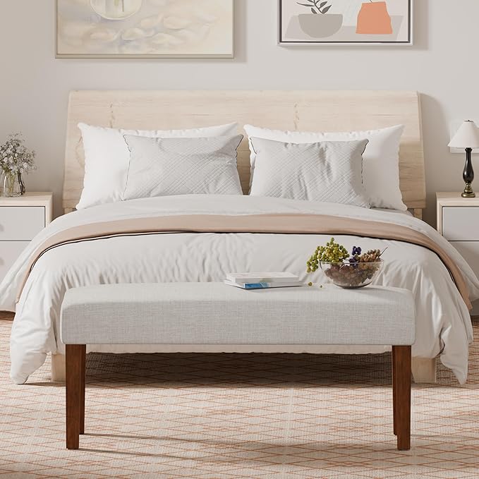 44" Bedroom Bench, Fabric End of Bed Bench, Entryway Benches, Upholstered Ottoman Bench with Wood Legs for Kitchen, Indoor, Living Room and Hallway (Beige)