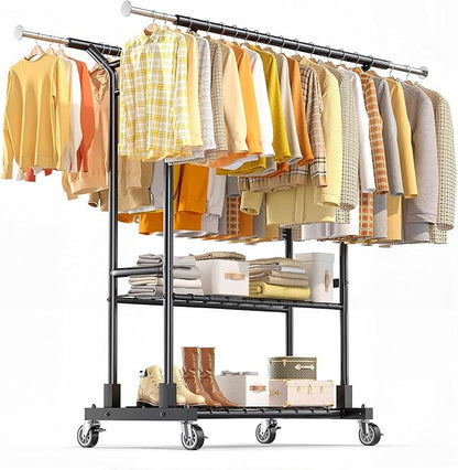 Luxspire Heavy Duty Clothes Rack Load 650 LBS, Double Rod Clothing Racks for Hanging Clothes, Rolling Garment Racks with Lockable Wheels, Shelves, Adjustable Laundry Hanging Rack, Black