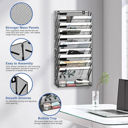 EasyPAG Wall File Holder 10 Tier Mesh Hanging Folder Organizer with Flat Tray Wall Mounted Mail Organizer Magazine Paper Desk Shelf with Nametag Label for Office Home School, Black