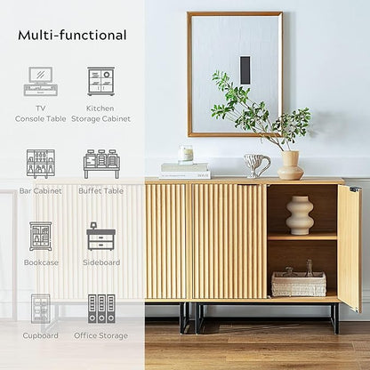 Fluted Storage Cabinets Set of 3, Sideboard Buffet Cabinets with Adjustable Shelves, Modern Accent Credenza, Console Table Entryway Cabinet for Living Room, Natural Oak