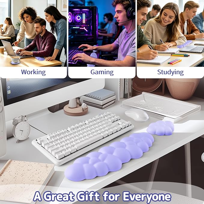 Sushret Cloud Wrist Rest Keyboard, Cloud Keyboard Wrist Pad Set with PU Leather Memory Foam, Cute Arm Rest for Palm Support, PC/Gaming Desk Accessories/Office Setup/Computer Hand Cushion - Purple