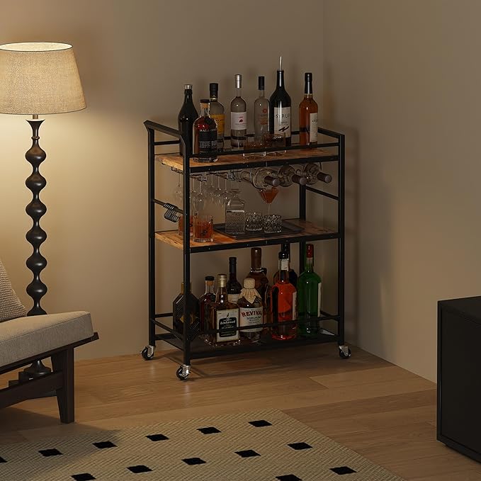 3 Tier Bar Cart, Small Beverage Cart, Mini Bar Cart with Wine Rack, Home Bar Serving Cart with Wheels for Kitchen Dining Living Room (Rustic Brown, General)