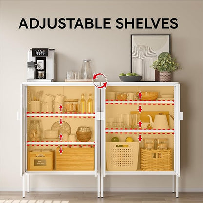 COFaR White Metal Storage Cabinet with Adjustable Shelves, 47”H Modern Buffet Sideboard & Coffee Bar Cabinet with Magnetic Doors, Ventilated Steel Organizer for Kitchen, Dining Room, Home Office