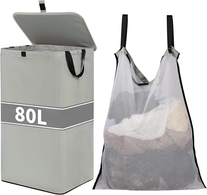 80L Large Laundry Hamper with Lid, Foldable Laundry Bag for Washing Machine with Removable Inner Bag, Dirty Hampers for Bedroom, Bathroom,Laundry Room, College (Grey)