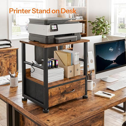 HOOBRO 2-Tier Printer Stand, Under Desk Printer Table with Drawer, Printer Cart with Storage, with Casters/Adjustable Feet, for Home Office, Study, Living Room, Rustic Brown and Black, BF20PS01