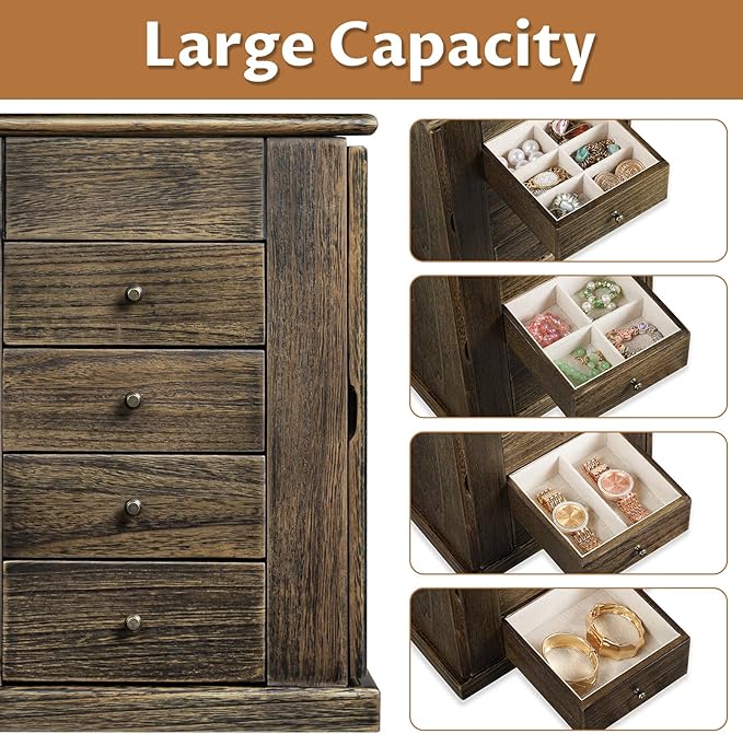 Emfogo Jewelry Box for Women, 5 Layer Large Wood Jewelry Boxes & Organizers for Necklaces Earrings Rings Bracelets, Rustic Jewelry Organizer Box with Drawers and Mirror(Vintage)
