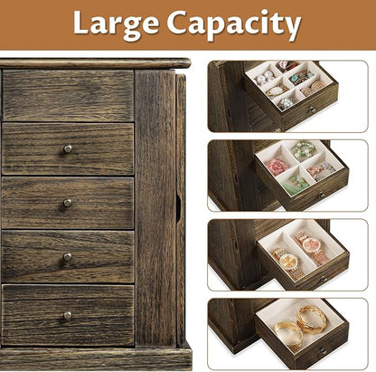 Emfogo Jewelry Box for Women, 5 Layer Large Wood Jewelry Boxes & Organizers for Necklaces Earrings Rings Bracelets, Rustic Jewelry Organizer Box with Drawers and Mirror(Vintage)
