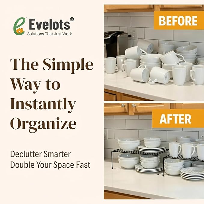 Evelots Kitchen Cabinet Wire Shelf Organizer/Rack - 4 Pack Sturdy Metal Shelf Risers - Double Your Counter Space - Great for Kitchen, Freezer, Pantry and Bathroom - Rustproof - Black
