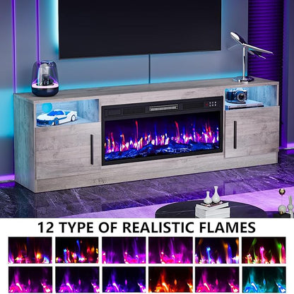 PRETZI Fireplace TV Stand with 36" Fireplace Up to 80" TVs, 70" Entertainment Center with LED Lights, Remote Control, TV Media Console with Storage Cabinets for Living Room, Gray