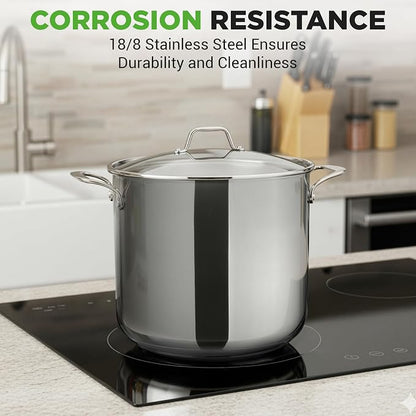 NutriChef 15-Quart Stainless Steel Stock Pot with Tempered Glass Lid - Induction Compatible Large Stockpot, Ideal for Stews & Soups, Dishwasher Safe - NCSP16