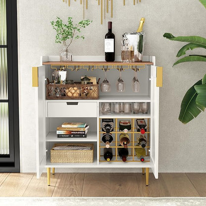 ARTPOWER Wine Bar Cabinet with Fluted Texture, Modern Coffee Cabinet with Wine Rack&Glass Holder, White Kitchen Buffet Sideboard, Freestanding Liquor Cabinet for Dining Room Living Room