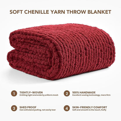 L'AGRATY Chunky Knit Blanket Throw: 60''x80'' Chenille Chunky Knitted Throw Blankets for Twin Bed Couch - Handmade Thick Cable Knit Blanket - Large Crochet Rope Blankets for Home Decor(Maroon Red)