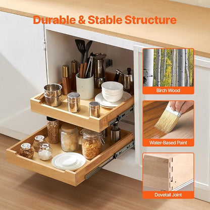 VEVOR 2 Tier Pull Out Cabinet Organizer, 20" W x 21" D Cabinet Drawer, Soft Close Slide out Shelf, Heavy-Duty Sliding Wood Drawer, Adjustable Base Cabinet Organization for Kitchen Pantry Bathroom