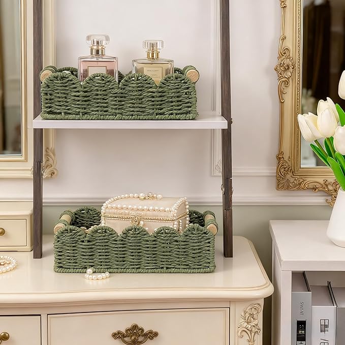 Green Scalloped Edge Baskets with Wood Handle, Set of 2 – Woven Paper Rope Storage Organizer for Living Room, Entryway & Home Décor