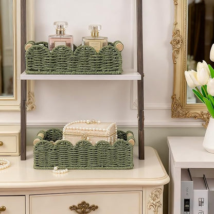 Green Scalloped Edge Baskets with Wood Handle, Set of 2 – Woven Paper Rope Storage Organizer for Living Room, Entryway & Home Décor