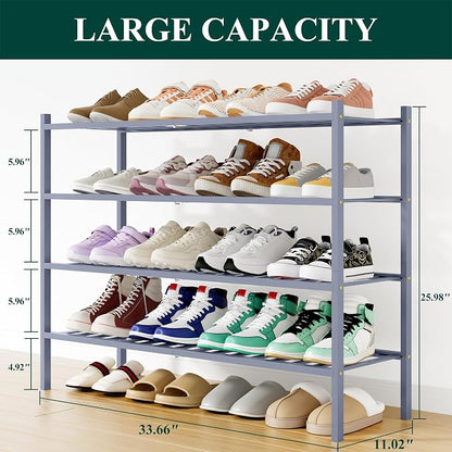 Smiry Long Bamboo Shoe Rack, 4 Tier Free Standing Wooden Shoe Organizer, Stackable Wood Shoe Storage Shelf for Closet, Entryway, 12 Vertical Slats, 2+2 Stack Standard Legs, 33.7"x11"x26", Grey