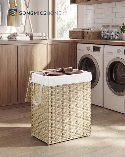 SONGMICS HOME Laundry Hamper with Lid, Clothes Basket with Removable Liner and Handles, 23.8 Gallon, Foldable Narrow Laundry Organizer for Bathroom, Bedroom, Sand