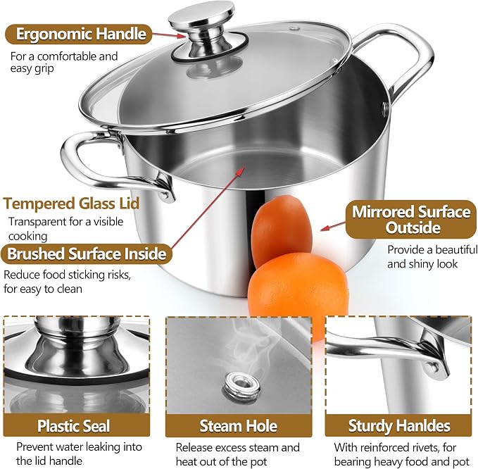 P&P CHEF 8 Quart Tri-Ply Stainless Steel Stock Pot, 8 Qt Stockpot Pasta Cooking Pot with Visible Lid for Soup Vegetable, Induction Cookware for All Stoves, Sturdy & Double Handle, Dishwasher Safe