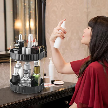 Aveniee 360 Rotating Makeup Organizer for Vanity, Skincare Perfume Organizers, 2 Tiered Bathroom Countertop Storage, Black Cosmetics Lipstick Skin Care Holder for Dresser