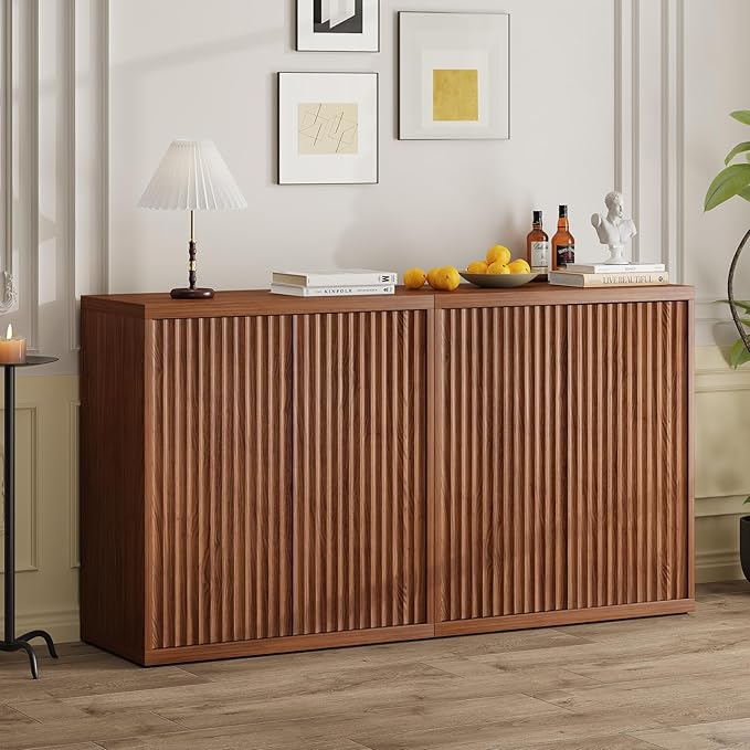 31” Sideboard Cabinet with Storage, Fluted Accent Cabinet with Adjustable Shelves, Modern Wood Credenza Cabinets with Pop-up Doors for Entryway Kitchen Living Room Hallway, Walnut 2pcs