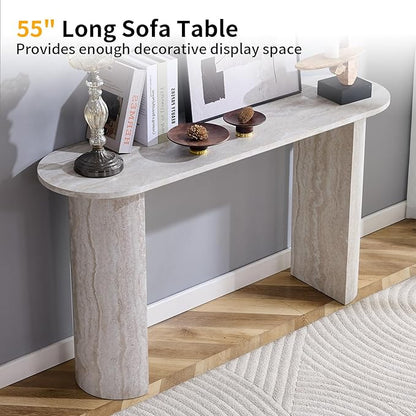 55" Console Table for Entryway, Narrow Sofa Entrance Table with Faux Mars Marble Pattern, Modern Sofa Tables with Rounded Curved Edges for Living Room, Hallway, Foyer, Home Office, Beige