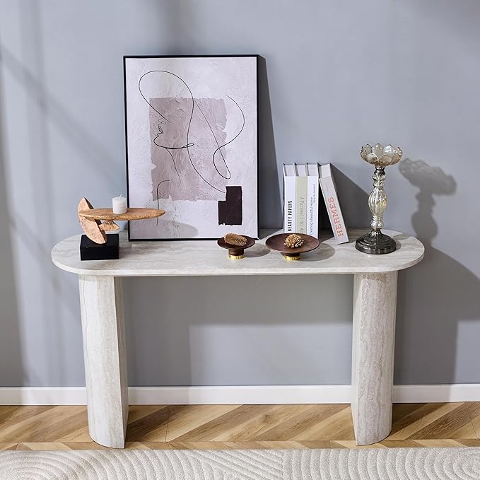 55" Console Table for Entryway, Narrow Sofa Entrance Table with Faux Mars Marble Pattern, Modern Sofa Tables with Rounded Curved Edges for Living Room, Hallway, Foyer, Home Office, Beige