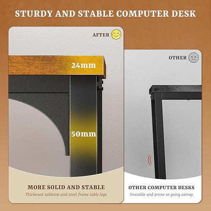 Computer Desk with 0.95 Inch Thicker Desktop & Monitor Stand & Storage Bag, Office Desk with Power Outlets, Gaming Desk with LED Light, Writing Desk for Home Office, Study, Bedroom, Brown
