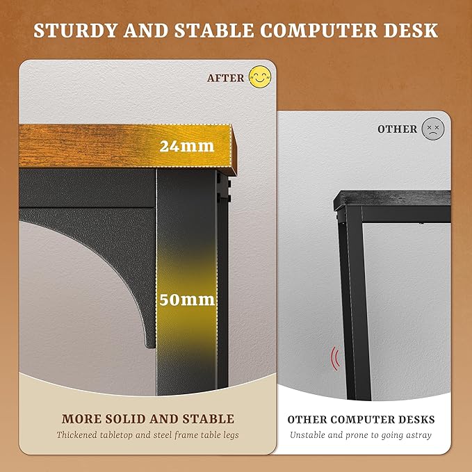 63 Inch Desk with Power Outlets, Computer Desk with 0.95 Inch Thicker Desktop & Storage Bag & Monitor Stand, Office Desk with Light, Writing Desk for Home Office,Study,Bedroom,Living, Brown