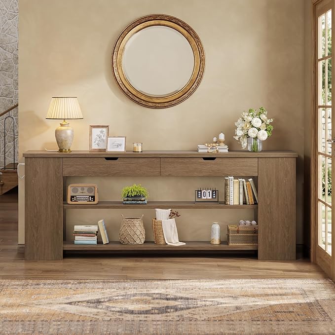 71.8" Extra Long Console Table, Farmhouse Sofa Table with Generous Storage and Built-in Outlet, Sturdy Entryway Table for Living Room, Entrance, Hallway, Foyer, Brown