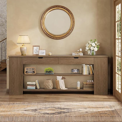 71.8" Extra Long Console Table, Farmhouse Sofa Table with Generous Storage and Built-in Outlet, Sturdy Entryway Table for Living Room, Entrance, Hallway, Foyer, Brown