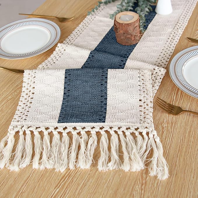 FEXIA Boho Blue Table Runner 108 Inches Long with Tassels Macrame Farmhouse Summer Style Graduation Party Rustic Wedding Baby Shower Dining Kitchen Living Room Decor (12x108 Inches)